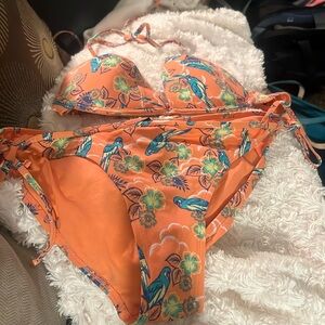 Black Poppy 2 piece swimsuit, XL, pretty print, ties around neck, padded top